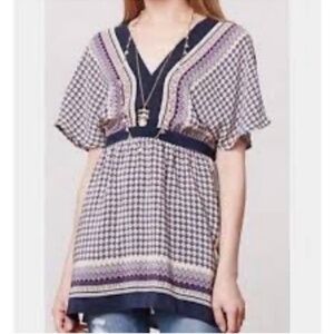 Anthropologie Meadow Rue Navy Lavender Mixed Print Silk Tunic Top